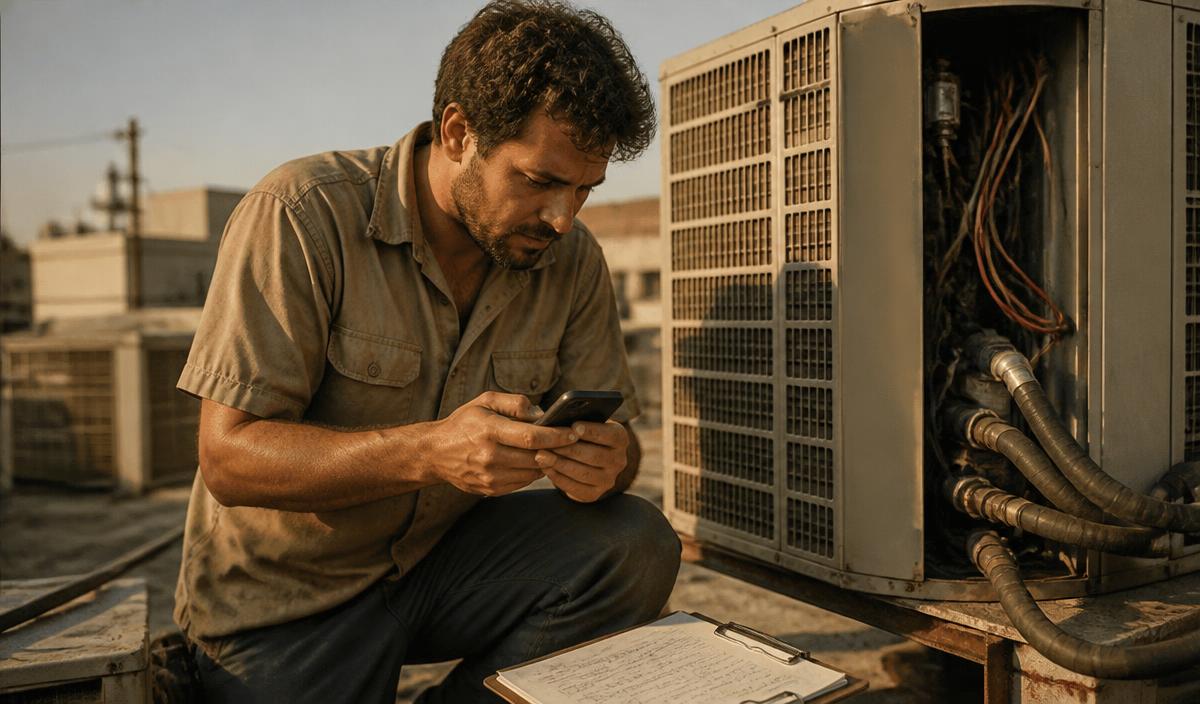 A technician checking his phone next to a rooftop condenser, job slip on a clipboard beside him