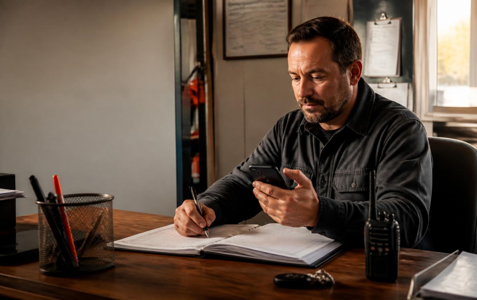 A service business owner responding to an inquiry while organizing the job schedule